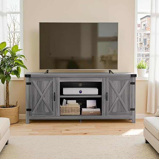 YESHOMY Modern Farmhouse TV Stand with Two Barn Doors and Storage Cabinets for Televisions up to 65+ Inch,Entertainment Center Console Table,Media Furniture for Living Room,Rustic Gray - Image 7