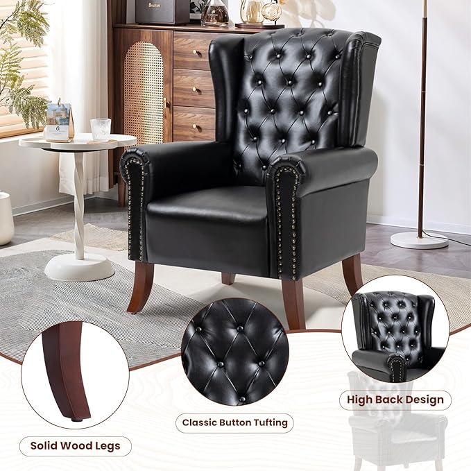 Faux Leather Accent Chair, Mid-Century High Back Armchair Upholstered Club Sofa Chair with Wooden Legs, Living Room Chair for Bedroom, Office, Lounge (Black)