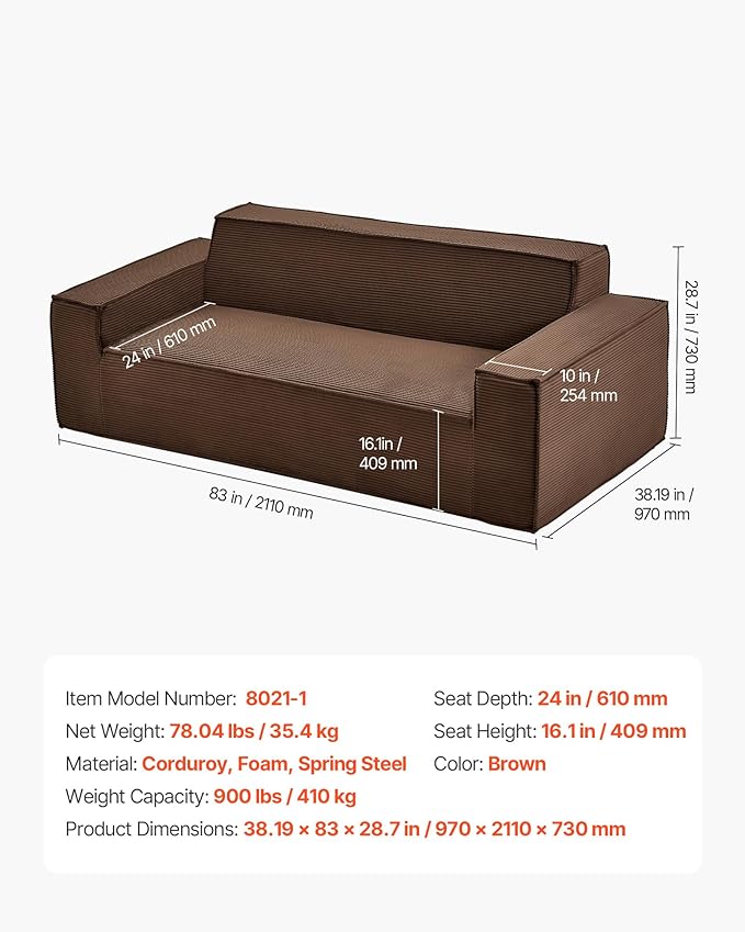 VEVOR 3-Seater Sofa in a Box, 83-Inch No Assembly Corduroy Couch with Memory Foam, Deep Seats for Living Room, Apartment, or Office, Brown