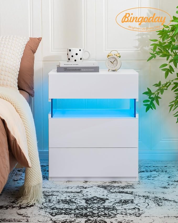 Bingoday LED Nightstands 3 Drawer Nightstand for Bedroom Bedside Tables with Acrylic Board LED End Table for Bedroom Living Room Bedside Furniture (White) - Image 4