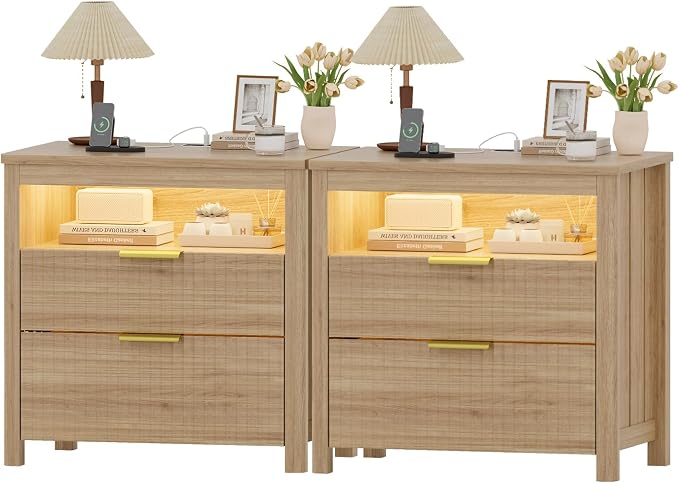 WOOVIVS End Table Set of 2 with Gun Drawer - Farmhouse Night Stand Set 2 with Charging Station for Bedroom, Smart Side Table with LED Lights,Hidden Compartment Nightstands-Wood by WOOVIVS