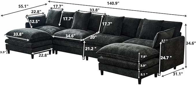 Eafurn 141" Oversized Modular Sectional Sofa with Movable Ottoman, 6 Seater Modern Chenille Reversible Sofa Set, Large Convertible U Shaped Couch for Living Room Apartment