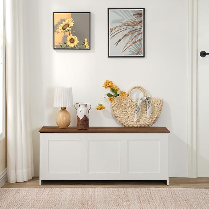HOOBRO Storage Bench, 39.3" Retro Wooden Storage Chest, Wooden Storage Trunk, Toy Chest with Lift Top, Multifunctional Entryway Organizer, for Entryway, Living Room, White and Walnut WH141CW01 - Image 5