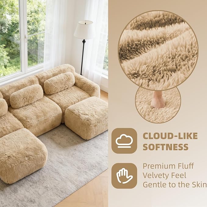 114.7" Modular Boneless Sofa, Modern Sectional Couch, U-Shape Boneless Couch for Living Room Apartments Bedroom, 32D High Density Sponge Lounge Sofa, No Assembly Required, Light Khaki