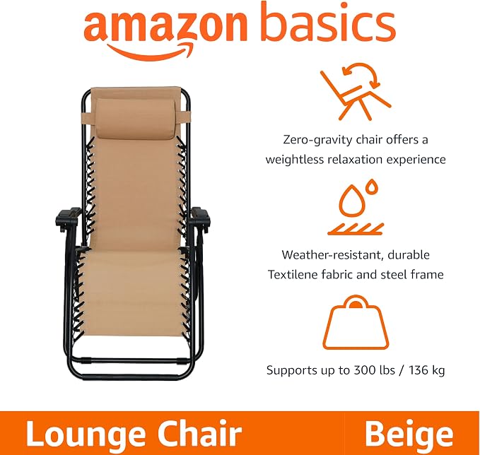 Amazon Basics Outdoor Patio Zero Gravity Folding Reclining Lounge Chair with Padded Headrest Pillow, Adjustable Lawn Chair for Outside, Weather-resistant Textilene, 26", Beige - Image 3