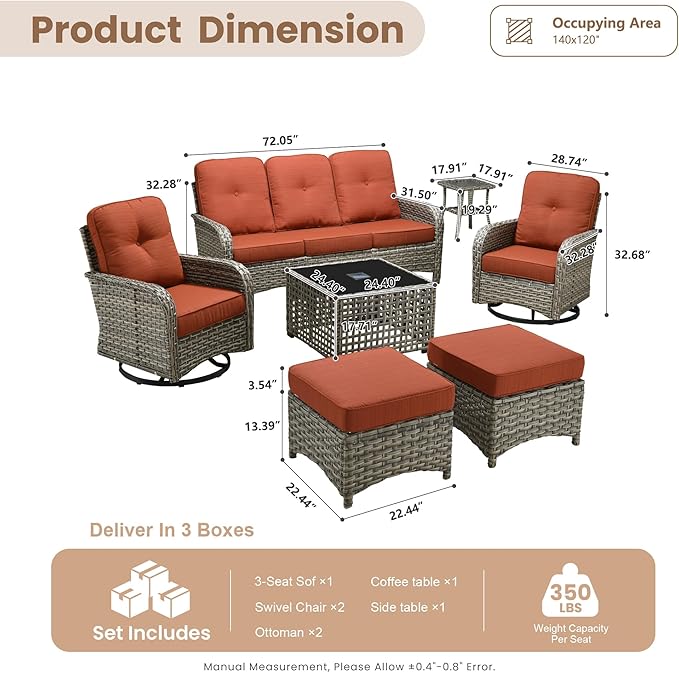 HOOOWOOO Outdoor Patio Furniture Set with Light Table,7 Pieces Wicker Conversation Set,All Weather High Back Couch Sofa Swivel Chairs Ottomans Set,Orange Red