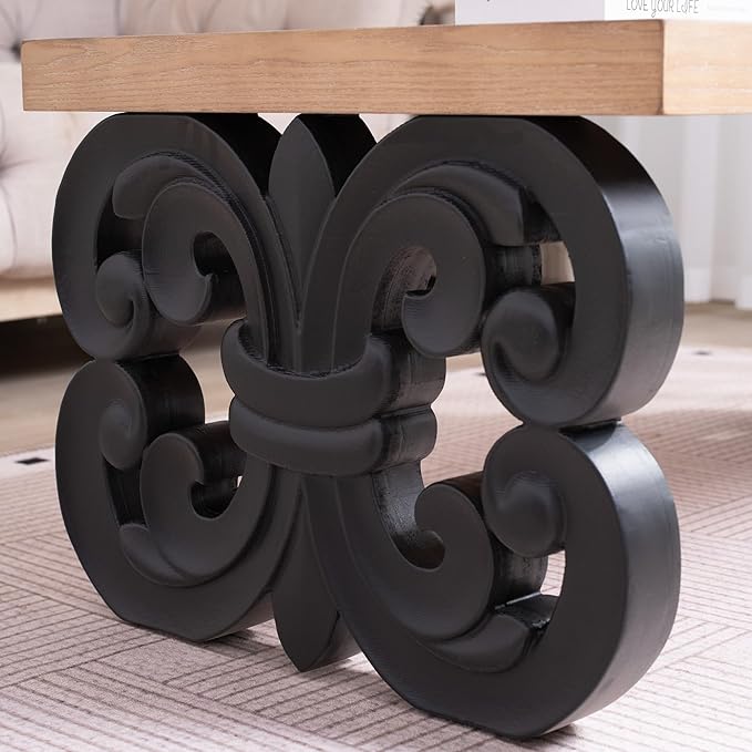 Rectangular Coffee Table with Natural Wood Top, Rustic Wooden Center Table with Black Carved Base, Farmhouse Tea Table for Living Room Office Apartment,47.2" L x 23.6" W x 18" H