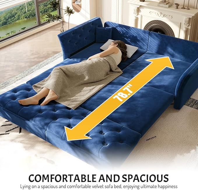 ERYE 3-in-1 Foldable Sleeper Sofa Bed Velvet Fabric Loveseat Sofabed, 74-Inch Queen Loveseat Convertible Pull Out Sleeper Couch Bed with Flower Tufted Accent, Easy Assemble