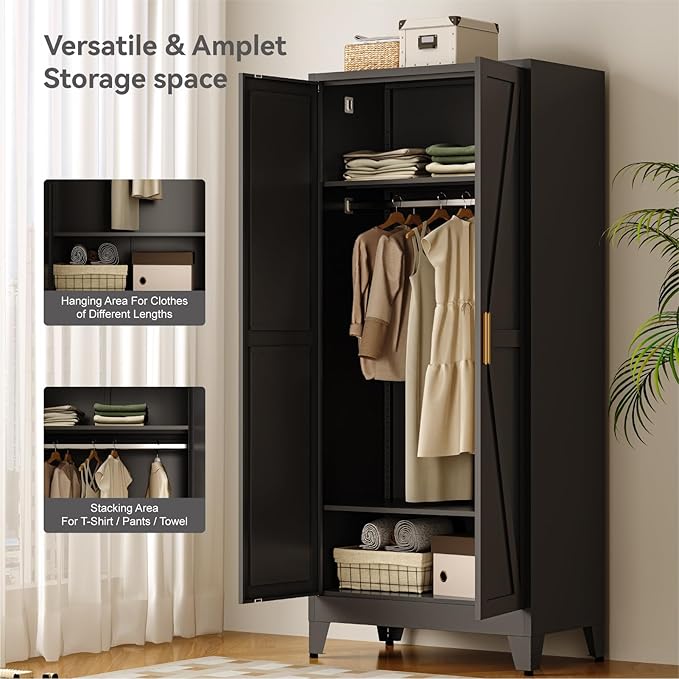 COFaR Metal Wardrobe Cabinet, 71" Farmhouse Storage Cabinet with Hanging Rod, 2 Barn Door, 2 Adjustable Shelves and Legs, for Bedroom, Laundry Room, Cloak Room, Gym, Office, School (Black)