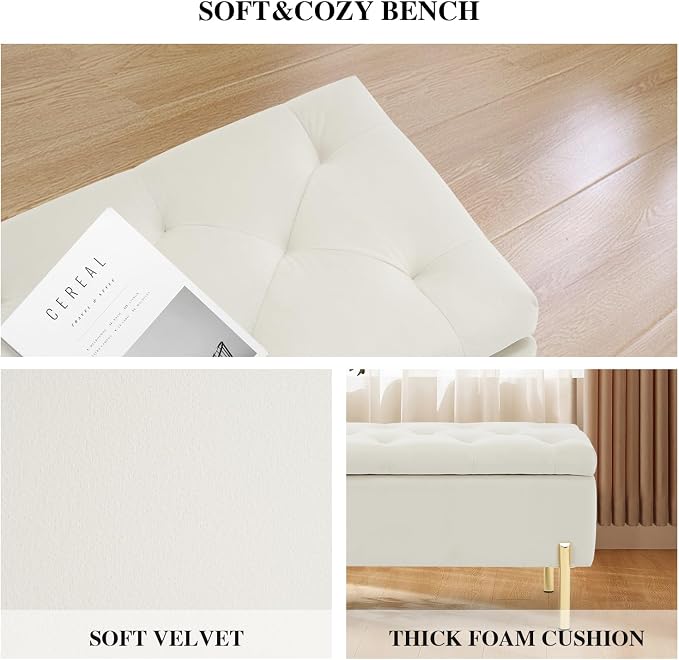 Velvet Storage Bench Ottoman,Versatile Seating with Hidden Storage,End of Bed Bench,Tufted Bench for Bedroom,Living Room,Entryway,Ivory - Image 6