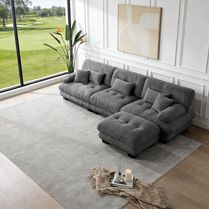 133.8" L-Shaped Cloud Couch, Oversized Modular Sectional Sofa, Deep Seat Cloud Boneless Couch, 3-Seat Modular Sectional Sofa with Ottoman or Living Room,Bedroom and Apartment, Gray