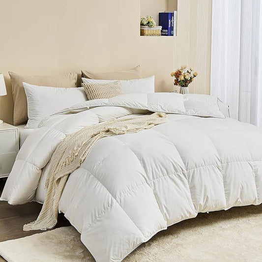 Luxury Goose Down Feather Fiber Comforter King Size - Ultra-Soft Egyptian Cotton Blend Cover, Fluffy High Fill-Power All Season Hotel Duvet Insert(106x90 inch, White)