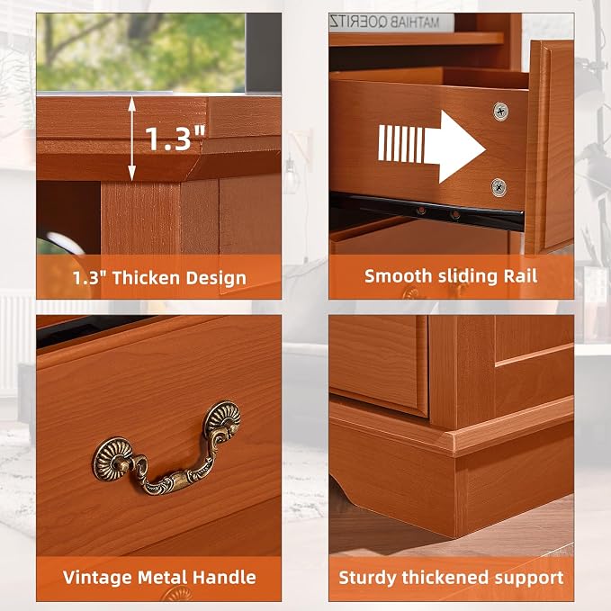 Farmhouse Nightstands with Charging Station,18" End Table with 2 Drawers,Farmhouse Nightstand with Vintage Handles, Bedside Cabinet for Bedroom,Caramel - Image 4
