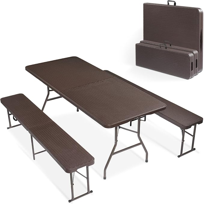 VINGLI Picnic Table Set with 2 Benches, 6 Feet Camping Table Chair Set, 3-Piece Folding Furniture for Indoor or Outdoor Use, Rattan Patterned Tabletop, Brown by VINGLI