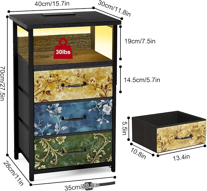 Fixwal Night Stand with Charging Station, LED Nightstand with U-S-B Ports and Outlets, 3 Fabric Storage Drawers with PU Finish, Bedside Table, Vintage Flower - Image 3