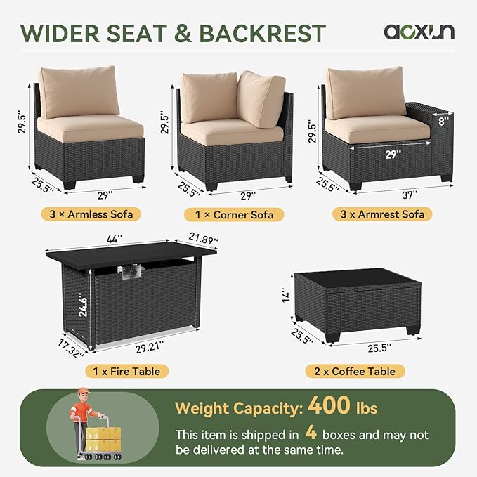 Aoxun Patio Furniture Sets with 44'' Fire Pit, 10 Pcs Outdoor Patio Coversation Set with 4'' Thicken Cushion, Widen Armrests Wicker Outdoor Sectional for Backyard (Waterproof Cover Include)