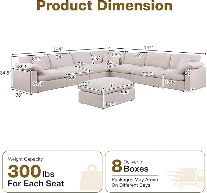 144-Inch Oversized L-Shaped Symmetrical Sectional Cloud Sofa,Modern 8 Seat Modular Cloud Sofa Luxury Convertible Couch with 6 Pillows and Movable Ottoman for Living Room