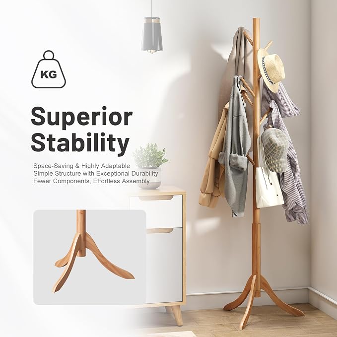 kiplant Coat Rack Freestanding, Bamboo Wood Coat Stand with 8 Hooks,3 Adjustable Size,Easy Assembly NO Tools Required, Coat Tree Hanger Stand for CoatsScarves in Hallway - Image 6