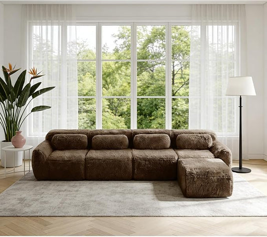 149" L-Shaped Boneless Modular Sofa, Plush Foam Lounge Couch, 32D High Density Sponge, Plush Convertible Sofa Set Deep Seat Couches for Living Room, Bedroom and Apartment, Chocolate