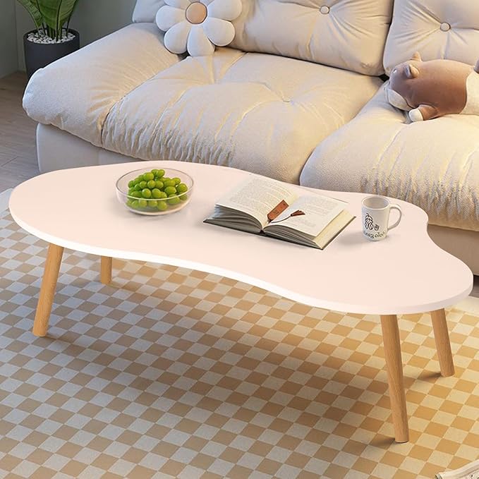 Small Coffee Table, Modern Coffee Table Small White Coffee Tables, Living Room Center Minimalist Display Coffee Desk with Cloud Shape, 39.4" x19.7 x16.1 Irregular Coffee Tables White
