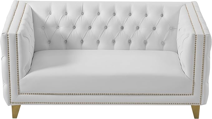 Meridian Furniture 651White-L Michelle Collection Modern | Contemporary Loveseat with Deep Button Tufting, Gold Nailhead Trim and Sturdy Gold Iron Legs, White Vegan Leather, 66" W x 34" D x 30" H