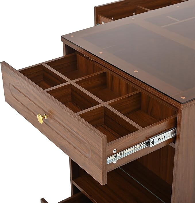 Merax Closet Island with 6 Drawers Wardrobe Armoire Bedroom Island with Glass Top and Open Shelves 47.3" Jewelry Storage Vanity Island with Compartments, Cloakroom Walk-in Closet Island (Walnut)