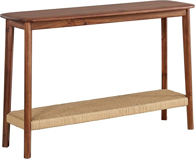 Alaterre Furniture Calais 48 Inch Solid Wood Entryway Table with Woven Storage Shelf – Mid Century Modern 2-Tier Sofa Table for Living Room, Hallway, or Foyer (Chestnut) - Image 8