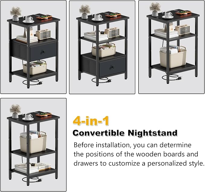 Side Table with Charging Station, Nightstand with Adjustable Fabric Drawer, Bedside Table for Bedrooms, Living Rooms & Home Decor (Black) - Image 3