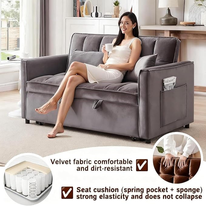 3 in 1 Convertible Sofa Bed, Love Seat Sleeper Bed with Side Pockets, Velvet Fabric Pull Out Couch with Adjustable Backrest for Living Room, Bedroom, Apartment, Dark Gray