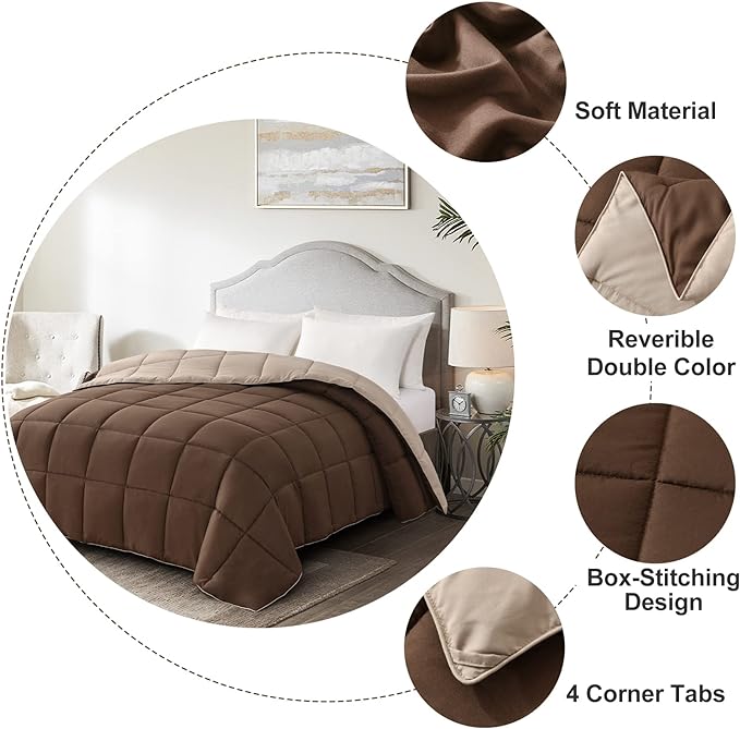 Homelike Moment Comforters Queen Size - Brown Duvet Insert Down Alternative Bed Queen Comforter, Lightweight Bedding Comforters Full Size Quilted Soft All Season Reversible Chocolate Brown/Beige