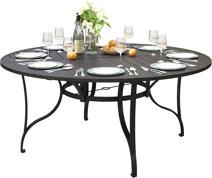 PHI VILLA 67" Outdoor Round Table for 8, Large Metal Wrought Iron Patio Dining Table with Umbrella Hole, All Weather Furniture for Outside Deck, Yard, Porch - Black by PHIVILLA