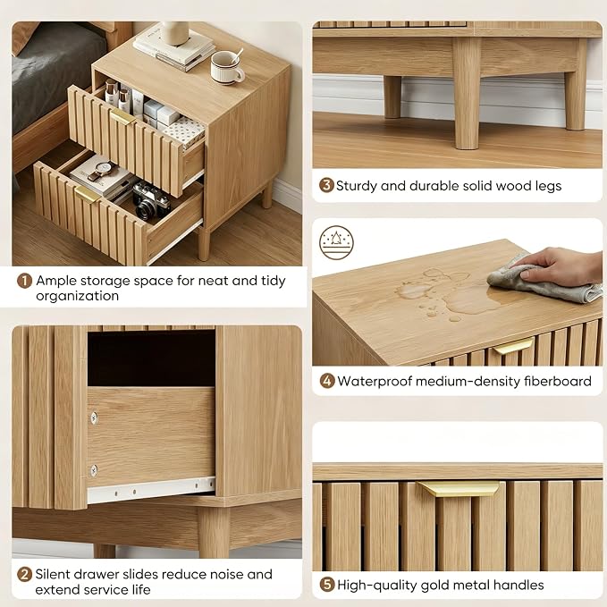 Kiasthome Mid-Century Wood Nightstand with 2 Drawers, Fluted Front Bedside Table, Functional End Table for Bedroom & Living Room (Light Oak (2-Pack)) - Image 5