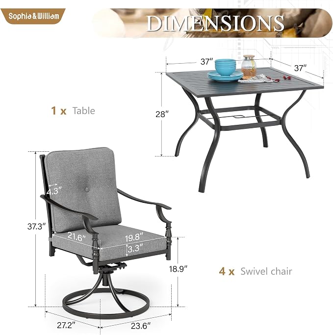 Sophia & William 5 Piece Outdoor Patio Dining Set, Patio Table and Chairs Set for 4,Swivel Patio Chairs with Cushions and Square Table, Outdoor Dining Set for Backyard, Poolside - Image 2