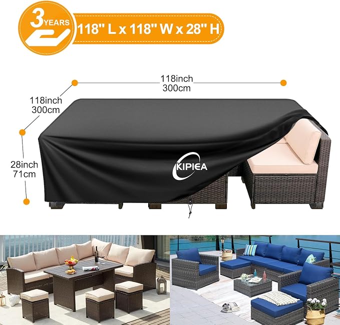 Kipiea Outdoor Furniture Covers Waterproof, 420D Heavy-Duty Patio Furniture Set Covers, No Tears Anti UV No Fading (118" L x 118" W x 28" H) - Image 2