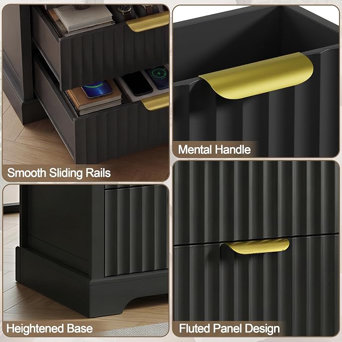 Fluted Nightstand with Charging Station, Modern Night Stand with 3 Drawers and Metal Handles, Large Bedside Table for Bedroom, Black - Image 6