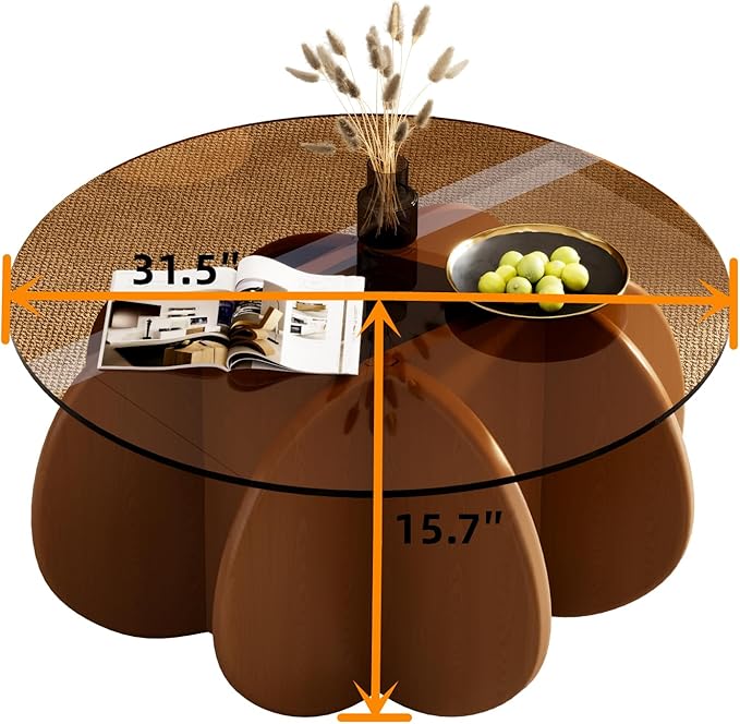 31.5'' Round Glass Coffee Table, Simple & Modern Center Table with Tempered Glass-Top for Small Space, Modern Round Coffee Table for Living Room, Home, Office, Easy Assembly. (Brown + Brown)