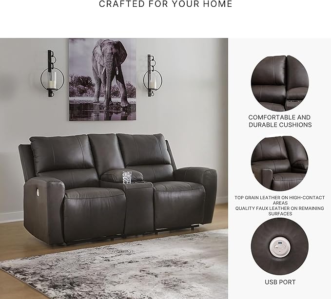 Signature Design by Ashley Boxmere Modern Leather Match Power Reclining Loveseat with Console and USB Ports, Dark Brown
