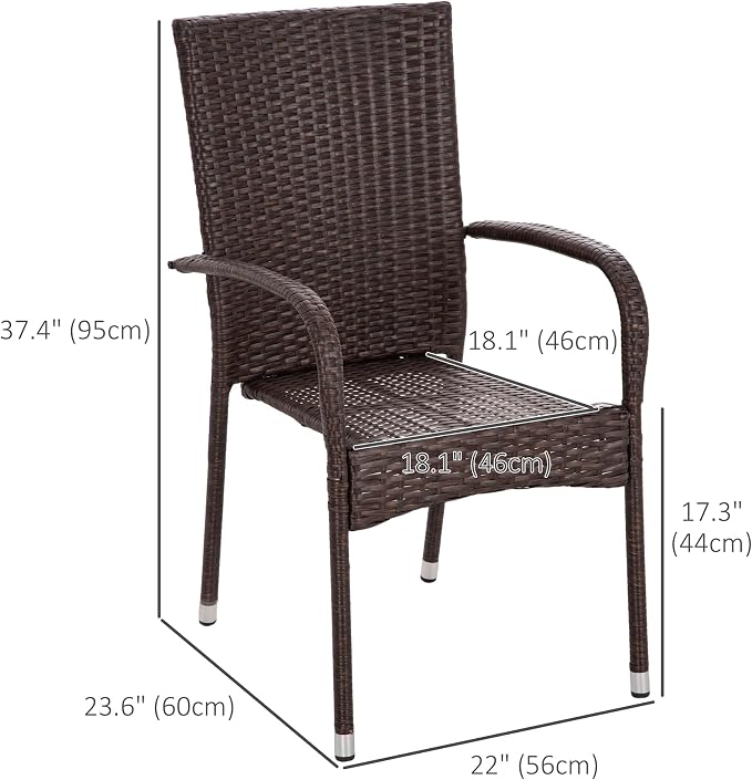 Outsunny Stackable PE Rattan Outdoor Dining Chairs with Cushions, Set of 2 Wicker Kitchen Chairs with Armrests and Backrest for Patio, Deck, Blue - Image 3