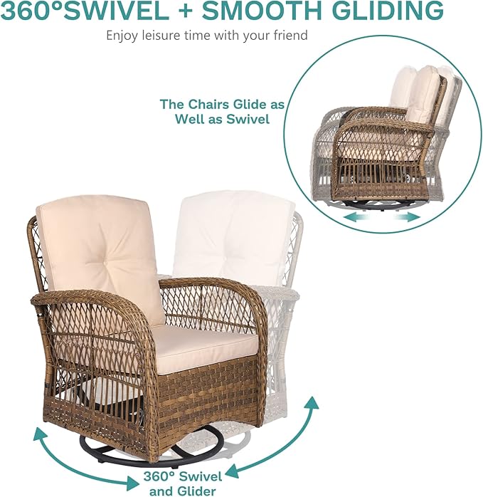 MEETWARM 7 Pieces Outdoor Patio Rattan Furniture Sets, All Weather Patio Wicker Conversation Set- 2 Rocking Glider, 2 Swivel Chairs, 1 Loveseat Glider with Cushions, 2 Glass-Top Coffee Table, Beige