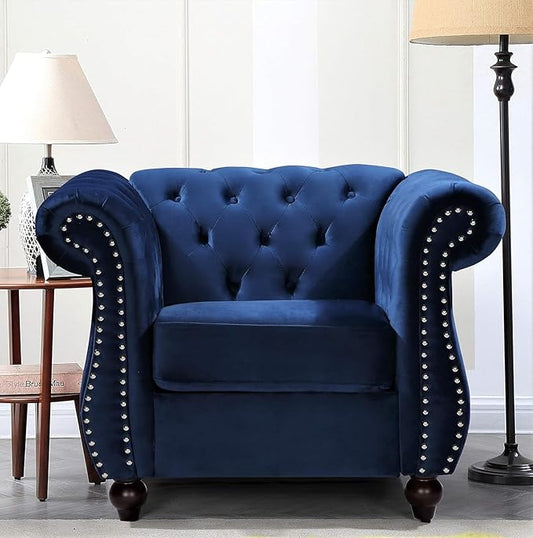 Feinstein Modern Velvet Chesterfield Couches for Living Room with Nailheads, Diamond Tufting & Durable Metal Frame, Chair, Dark Blue