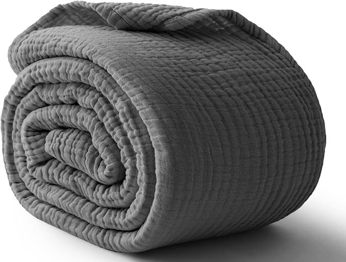 100% Cotton Muslin Blanket Queen 90" x 90", Breathable and Lightweight Cotton Throw Blankets for Bed, Soft Cooling Summer Gauze Blanket for Adults All Season, Charcoal Grey