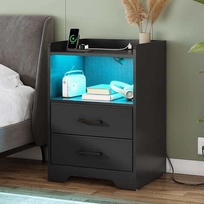 DICTAC Nightstands Set 2, LED Nightstand with Charging Station, End Side Table with USB Port, Bedside Table with 2 Fabric Drawers and Open Compartment for Bedroom, Black - Image 2