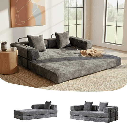 4-in-1 Folding Convertible Sofa Bed, 77" Floor Couch with Pillow - Chenille Fabric & High-Density Sponge & Fixed-Shape Frame, Modular Sofa for Living Room/Lounge/Studio, Dark Grey