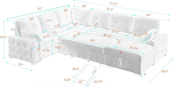 ERYE U-Shaped Pull Out Sleeper Couch Bed, Modern Chenille Upholstered Button Tufted Corner Couch Right Facing Sectional Sleeper Sofa Bed W/Storage Chaise and 2 Pillows