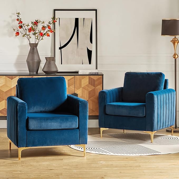 HULALA HOME Velvet Accent Club Chairs Set of 2, Modern Velvet Armchair Upholstered Accent Club Chairs Sofa Chairs with Gold Metal Legs Mid-Century Barrel Leisure Comfy Reading Armchair, Navy