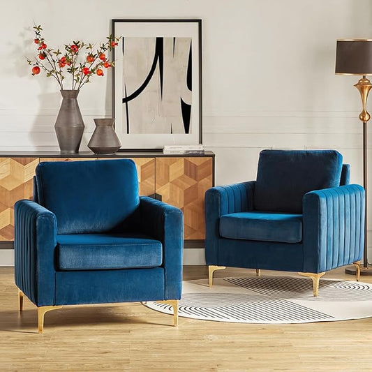 HULALA HOME Velvet Accent Club Chairs Set of 2, Modern Velvet Armchair Upholstered Accent Club Chairs Sofa Chairs with Gold Metal Legs Mid-Century Barrel Leisure Comfy Reading Armchair, Navy