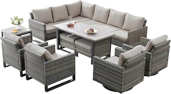 Belord Outdoor Sectional Furniture with Swivel Rocker Chair, 10 Pieces Wicker Patio Furniture Sets with Ottoman L Shaped Sofa Coffee Table Grey Cushion