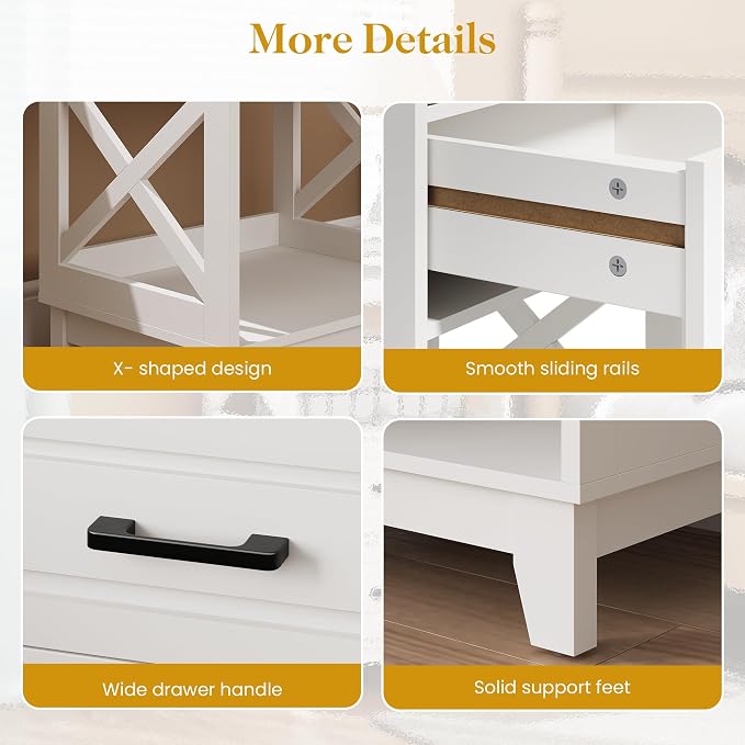 May in Color White Nightstand, Tall Side Table with 2 Drawers and Open Shelf, Bedside Table with Solid Feet, Modern Night Stand End Table for Bedroom, Home Office, White - Image 7