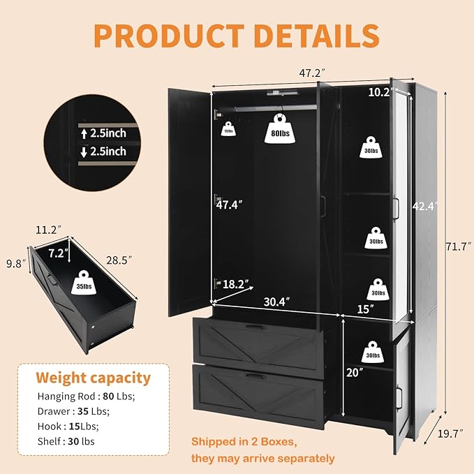 Armoire Wardrobe Closet with Drawers and Mirror, 72" Bedroom Wardrobe Cabinet with Motion Sensor Light, Hanging Rod & Adjustable Shelves, Bedroom Clothing Storage Closet with 3 Doors