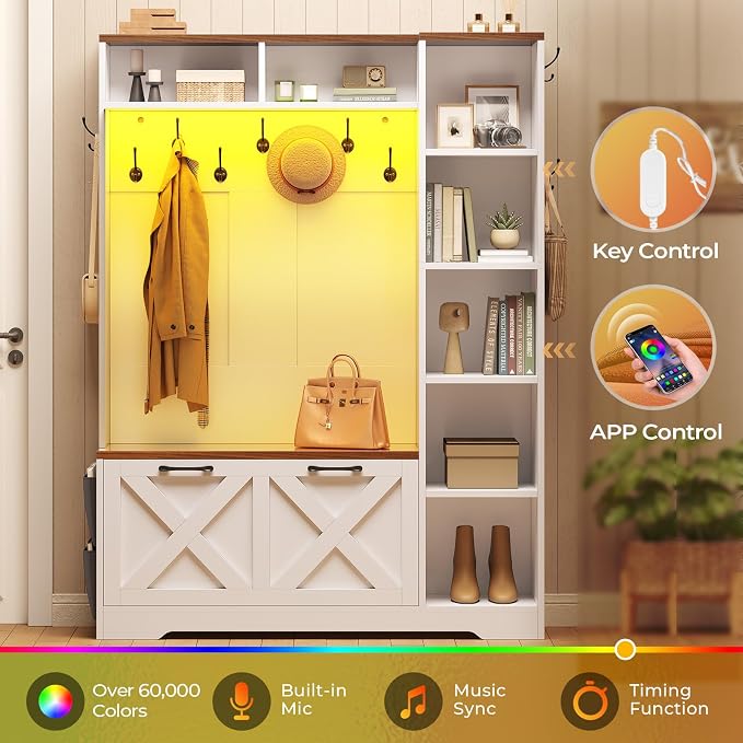 Itaar Hall Tree with Bench and Shoe Storage, Farmhouse Entryway Bench with Coat Rack, Shoe Cabinet with Flip Drawers, 7 Shelves, 10 Coat Hooks, Storage Bag, Led Lights, White - Image 8